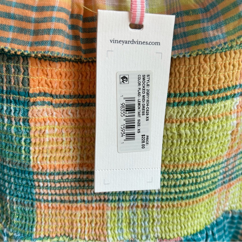 Vineyard Vines Lemon Tart Plaid Smocked Linen Ruffle Midi Dress - Picture 5 of 7
